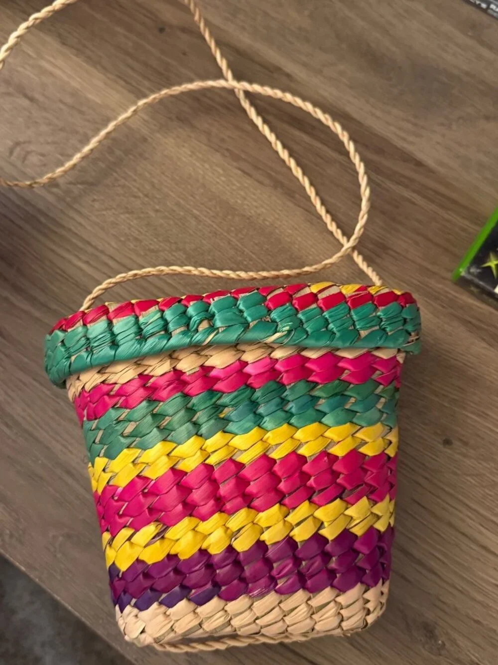 Vintage Handmade Woven Straw Basket Purse Mini Colorful Tote Bag